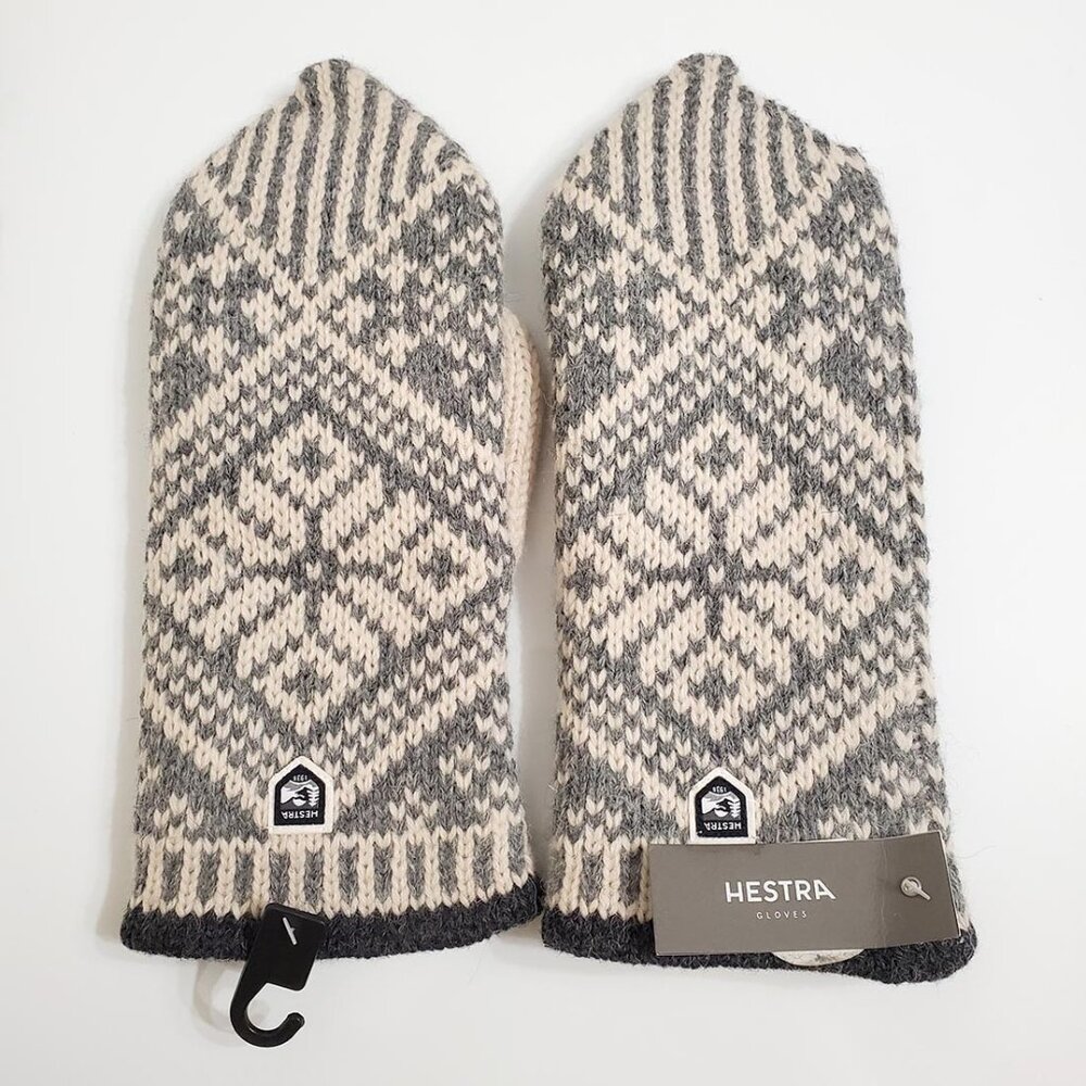 HESTRA Nordic Wool Knitted Mittens Size 9 Fair Isle Gray Off White Lined